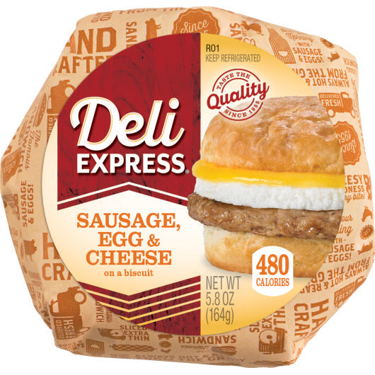 Deli Express Hot-To-Go Individually Wrapped Sausage, Egg & Cheese Biscuit, 12 x 5.3 oz Case - Prepared Foods
