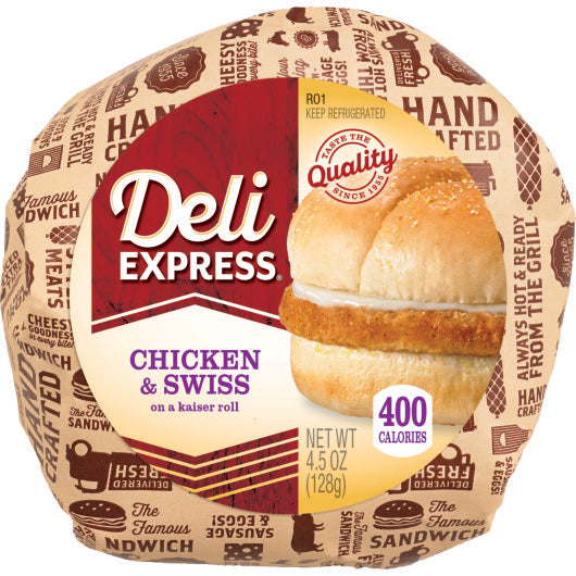 Deli Express Individually Wrapped Chicken & Swiss On Kaiser Roll Sandwich, 12 x 4.5 oz Case - DOT product image 1