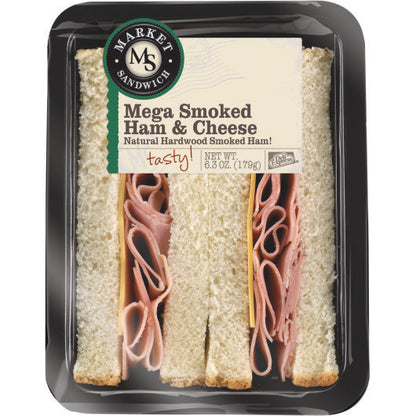Deli Express Black Individually Wrapped Mega Smoked Ham & Cheese Sandwich Wedge, 8 x 6.3 oz Case - Prepared Foods