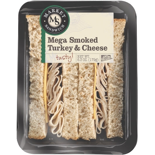 Deli Express Hickory Individually Wrapped Mega Smoked Turkey & Cheese Sandwich Wedge, 8 x 6.3 oz Case - Prepared Foods
