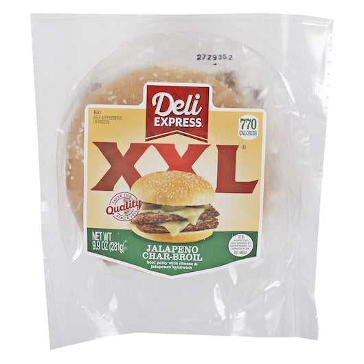 Deli Express Individually Wrapped XX Large Jalapeno Charbroil Cheeseburger, 6 x 9.2 oz Case - Prepared Foods