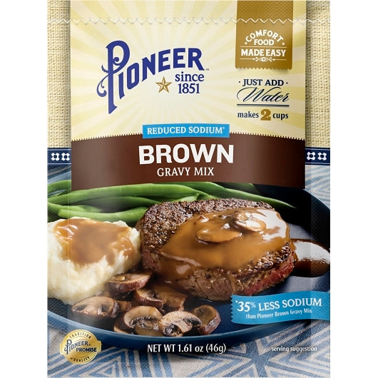 Pioneer Reduced Sodium Brown Gravy Mix Packets, 12 x 1.61 oz Case - Condiments & Sauces