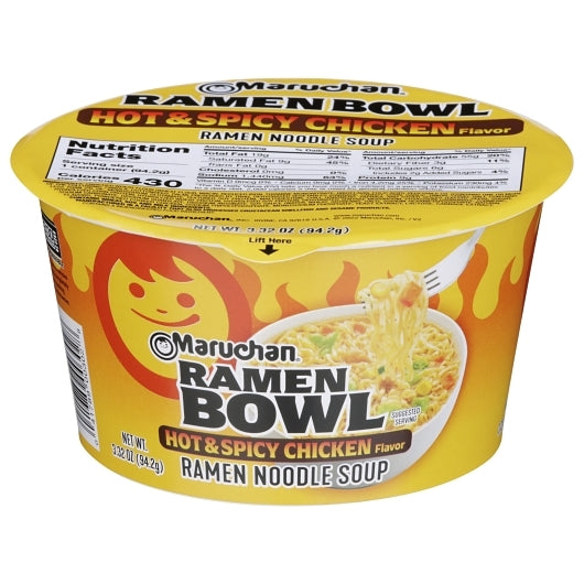 Maruchan Hot & Spicy Chicken Flavor Ramen Noodle Soup, 6 x 3.32 oz Case - Prepared Foods