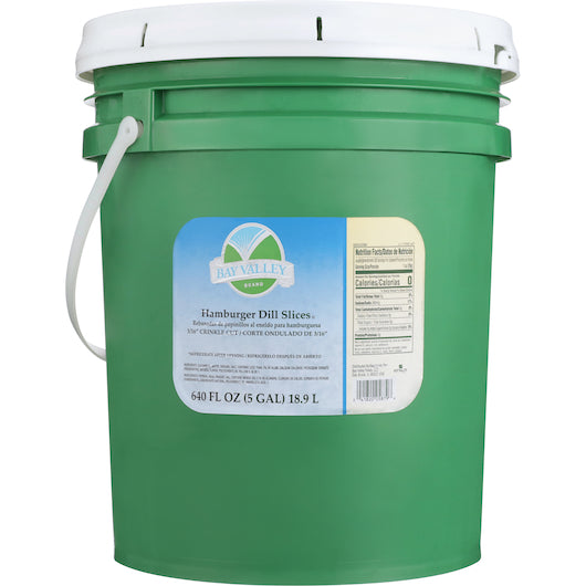 Bay Valley Dill Hamburger Premium Crinkle Cut 3/16" Pickle Chip Bulk, 1 x 5 GA Case - GS1 closed shipping case image