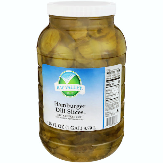 Bay Valley Dill Hamburger 396-450 Count 3/16 Crinkle Cut Pickle Slice Bulk, 4 x 1 GA Case - Condiments & Sauces