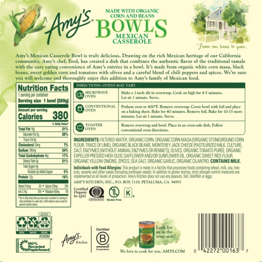 Amy's Mexican Casserole Bowl, 12 x 9.5 oz Case - Alternate product angle or state