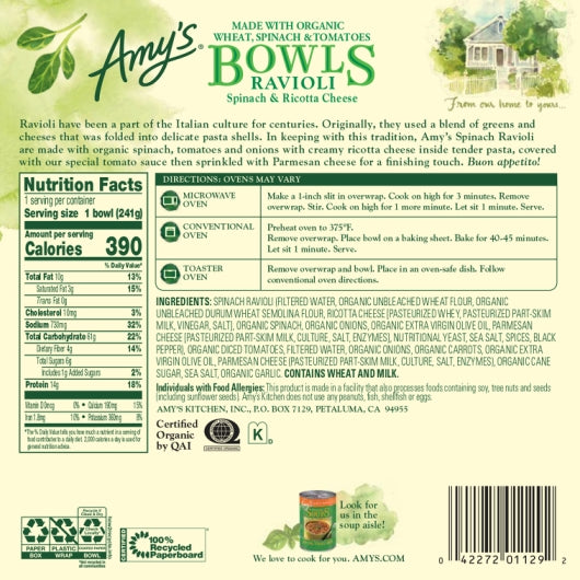 Amy's SPINACH RAVIOLI Bowl, 12 x 8.5 oz Case - DOT product image 3