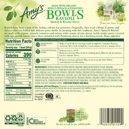 Amy's SPINACH RAVIOLI Bowl, 12 x 8.5 oz Case - DOT product image 3