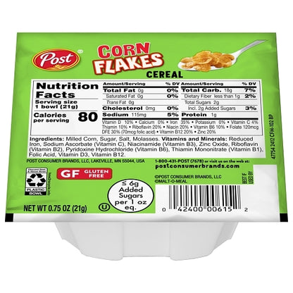 Post Corn Flakes Cereal Bowl, 96 x 0.75 oz Case - Breakfast Foods