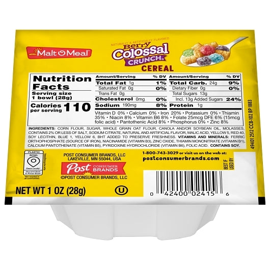 Malt O Meal Berry Colossal Crunch Cereal, 96 x 1 oz Case - Plates Bowls