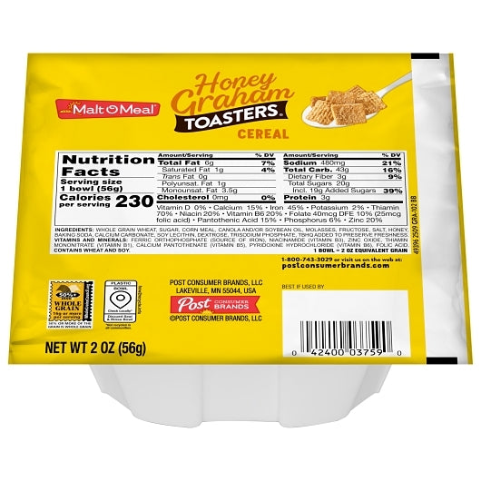 Malt-O-Meal Honey Graham Toasters Cereal, 48 x 2 oz Case - Plates Bowls