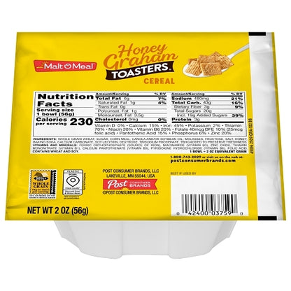 Malt-O-Meal Honey Graham Toasters Cereal, 48 x 2 oz Case - Plates Bowls