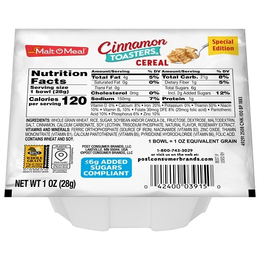 Malt O Meal Cinnamon Toasters Cereal, 96 x 1 oz Case - Breakfast Foods