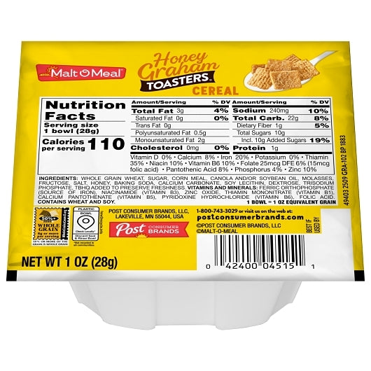 Honey Graham Squares Honey Graham Toasters Cereal, 96 x 1 oz Case - Plates Bowls