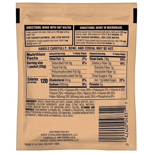 Hearty Traditions Apple Instant Apple & Cinnamon Oatmeal, 200 x 1.23 oz Case - DOT product image 8