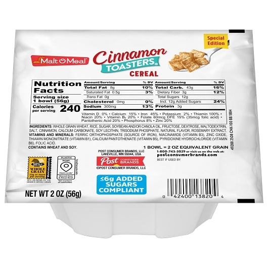 Malt O Meal Cinnamon Toasters Cereal, 48 x 2 oz Case - Breakfast Foods