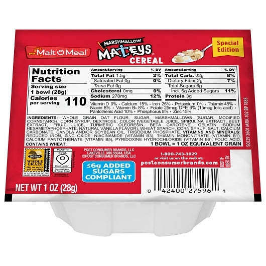Malt-O-Meal Marshmallow Mateys Cereal, 96 x 1 oz Case - Plates Bowls