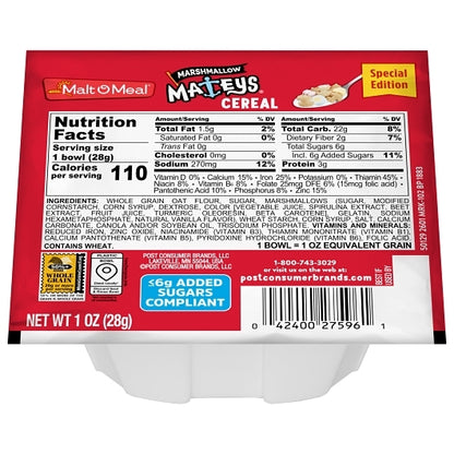 Malt-O-Meal Marshmallow Mateys Cereal, 96 x 1 oz Case - Plates Bowls