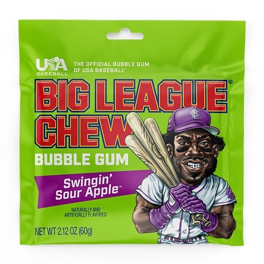Big League Sour Swingin' Sour Apple Bubble Gum Pouch, 9 x 12 x 2.12 oz Case - Candy & Confections
