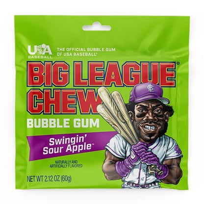 Big League Sour Swingin' Sour Apple Bubble Gum Pouch, 9 x 12 x 2.12 oz Case - Candy & Confections