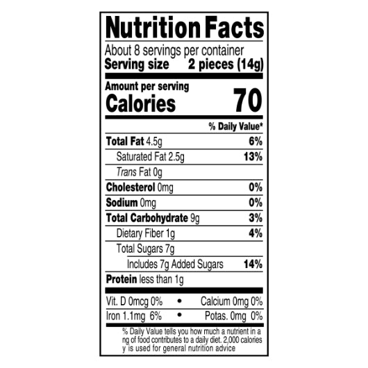 Baker's Baker Chocolate German, 12 x 113 GR Case - Nutrition facts label