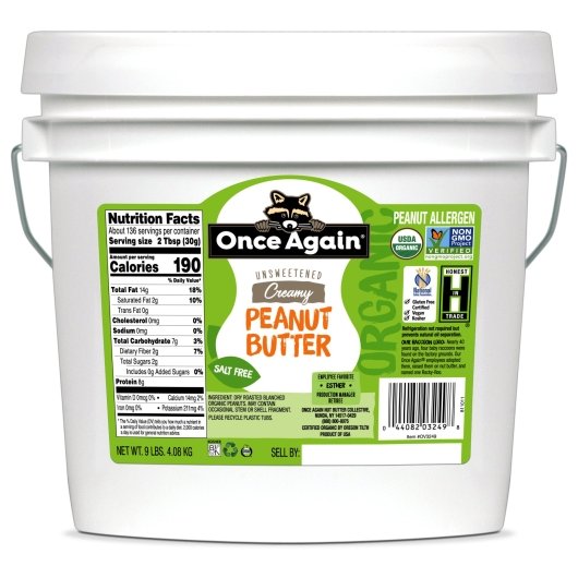 Once Again Nut Butter Organic Smooth No Salt Peanut Butter, 1 x 9 lb Case - Nuts & Seeds