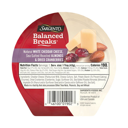 Sargento White Cheddar With Almonds & Cranberry, 4 x 3 x 1.5 oz Case - Cheese & Dairy