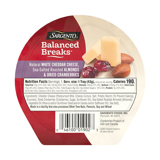 Sargento White Cheddar With Almonds & Cranberry, 4 x 3 x 1.5 oz Case - Cheese & Dairy