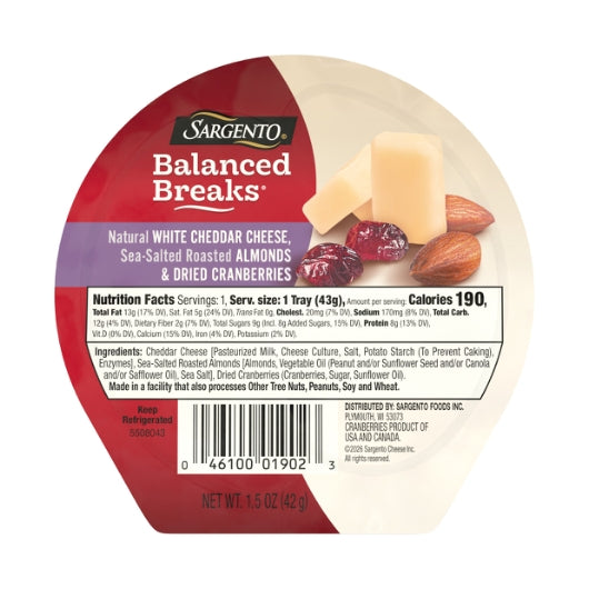 Sargento White Cheddar With Almonds & Cranberry, 4 x 3 x 1.5 oz Case - DOT product image 2