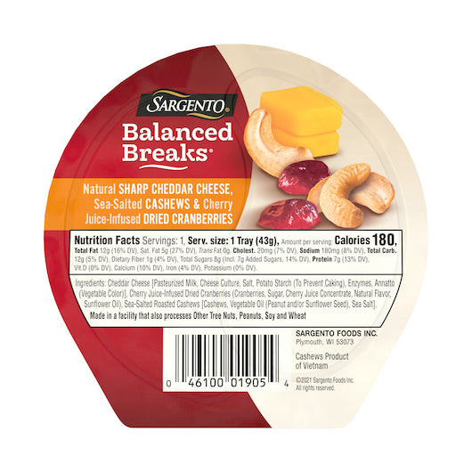 Sargento Balanced Breaks Sharp Cheddar Cheese Cashews & Dried Cranberries Snack, 4 x 3 x 1.5 oz Case - Cheese & Dairy