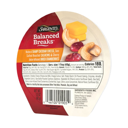 Sargento Balanced Breaks Sharp Cheddar Cheese Cashews & Dried Cranberries Snack, 4 x 3 x 1.5 oz Case - DOT product image 5