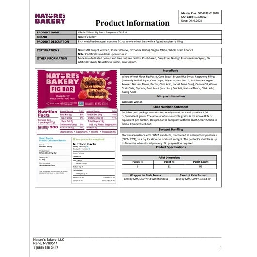 Natures Bakery Whole Wheat Raspberry Fig Bar, 7 x 12 x 2 oz Case - Bakery & Desserts