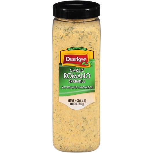 Durkee Garlic Romano Sprinkle Seasoning, 6 x 19 oz Case - Front/center packaged product image