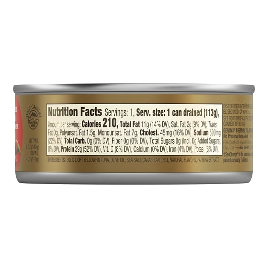 Genova Solid Light Yellowfin Tuna In Calabrian Chili Olive Oil, 12 x 5 oz Case - DOT product image 4