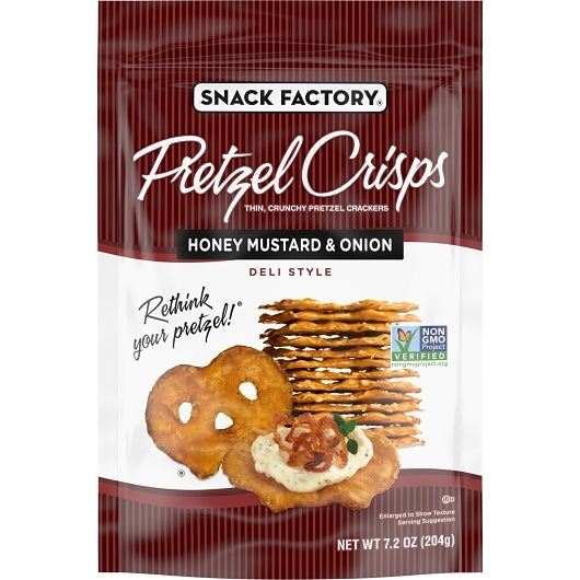 Snack Factory Pretzel Crisps Honey Mustard Onion, 12 x 7.2 oz Case - Condiments & Sauces