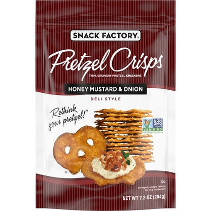 Snack Factory Pretzel Crisps Honey Mustard Onion, 12 x 7.2 oz Case - Condiments & Sauces