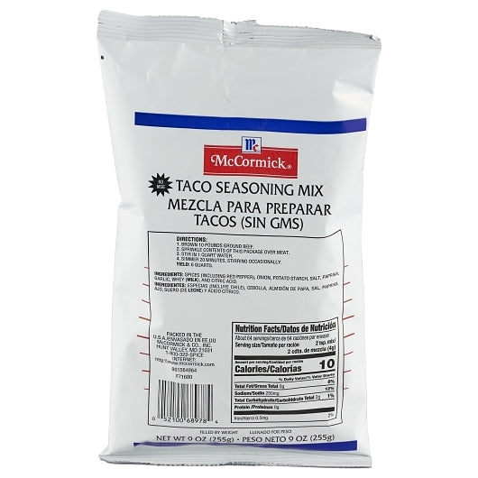 McCormick No Msg Added Taco Seasoning Pouch, 6 x 9 oz Case - DOT product image 2