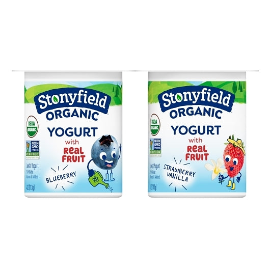 Stonyfield Farm Kids Low Fat 3 Blueberry & 3 Strawberry Vanilla Yogurt, 4 x 24 oz Case - Cheese & Dairy