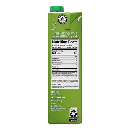 Pacific Beverages Unsweetened Organic Original Unsweetened Almond Milk, 12 x 32 fl oz Case - DOT product image 4