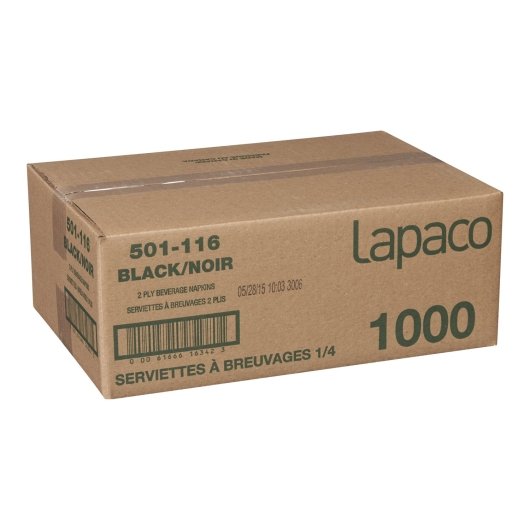 Lapaco 10 Inch X 10 Inch 1/4 Fold 2 Ply Black Beverage Napkin, 1 x 1000 each Case - Plates Bowls