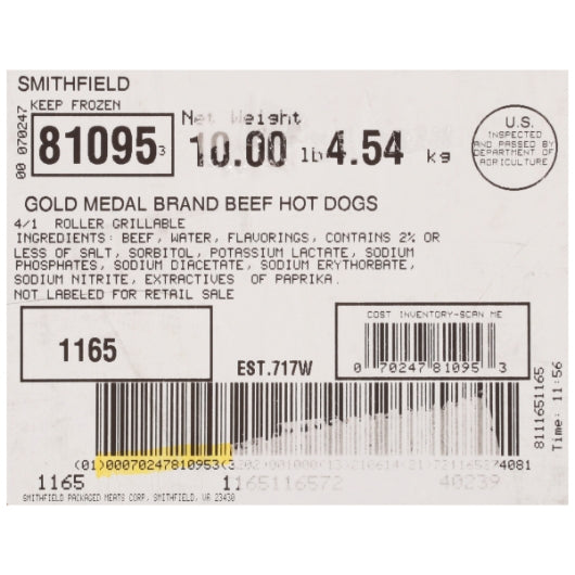 Smithfield Farmland Gold Medal Beef Hot Dog, 2 x 5.47 lb Case - DOT product image 7