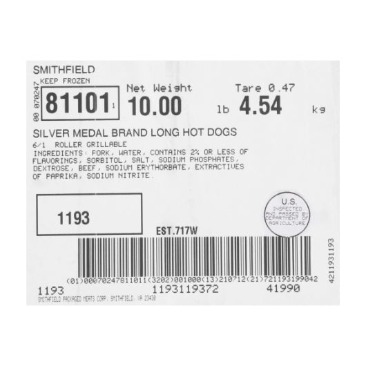 Smithfield Farmland Gold Medal 6/1 Long Hot Dog, 1 x 10.02 lb Case - DOT product image 7