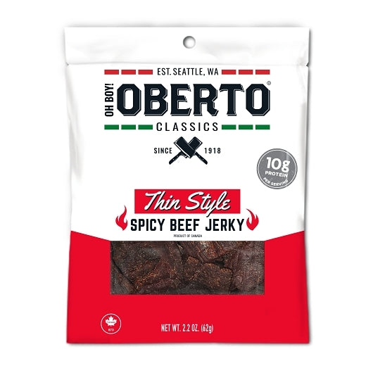 Oberto Spicy Thin Style Beef Jerky, 8 x 2.2 oz Case - Meat Snacks