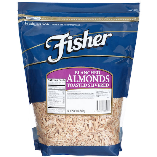 Fisher Toasted Blanched Slivered Almonds, No Salt, 3 x 32 oz Case - Nuts & Seeds
