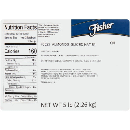 Fisher Sliced Natural Almonds, 1 x 5 lb Case - DOT product image 6