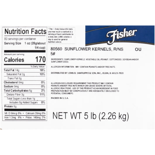 Fisher Roasted No Salt Sunflower Kernels, 1 x 5 lb Case - DOT product image 7