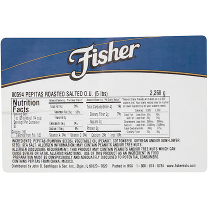 Fisher Roasted Sea Salt Pepitas, 1 x 5 lb Case - Nuts & Seeds