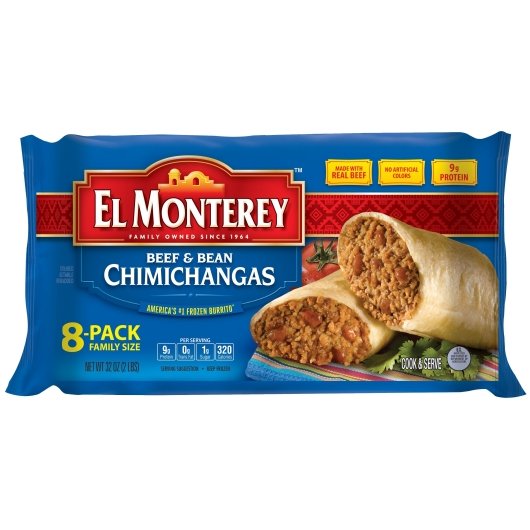 El Monterey Beef & Bean Chimichangas, 8 x 30.4 oz Case - Frozen Snacks & Appetizers