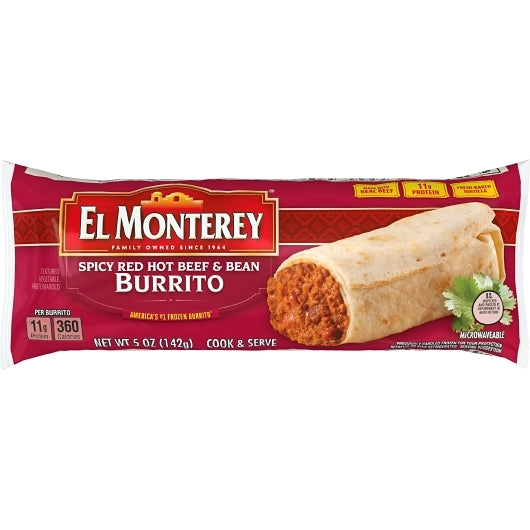El Monterey Beef & Bean Spicy Red Hot Burrito, 24 x 5 oz Case - Prepared Foods