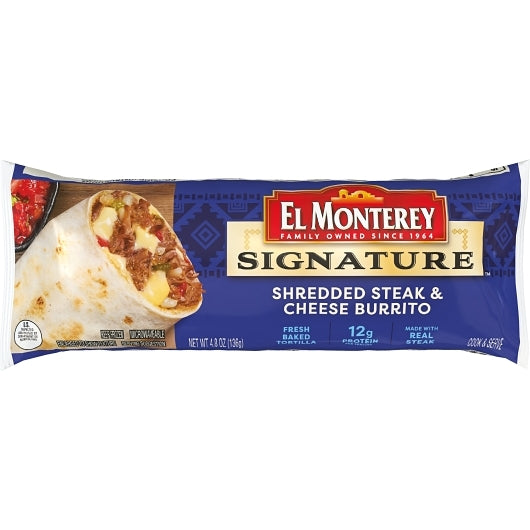 El Monterey Individually Wrapped Shredded Steak & Three Cheese Burrito, 24 x 4.8 oz Case - Prepared Foods